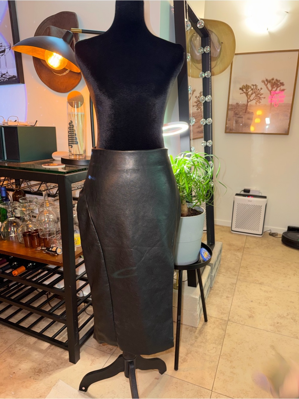 Classic Black Leather Midi Skirt w/ Slit